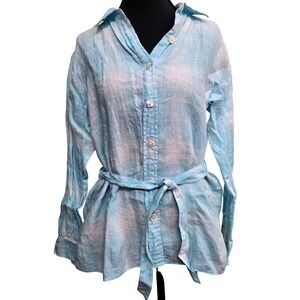 Talbots Petites‎ Linen Button Front Blouse Top Size 10 Blue Tie Waist